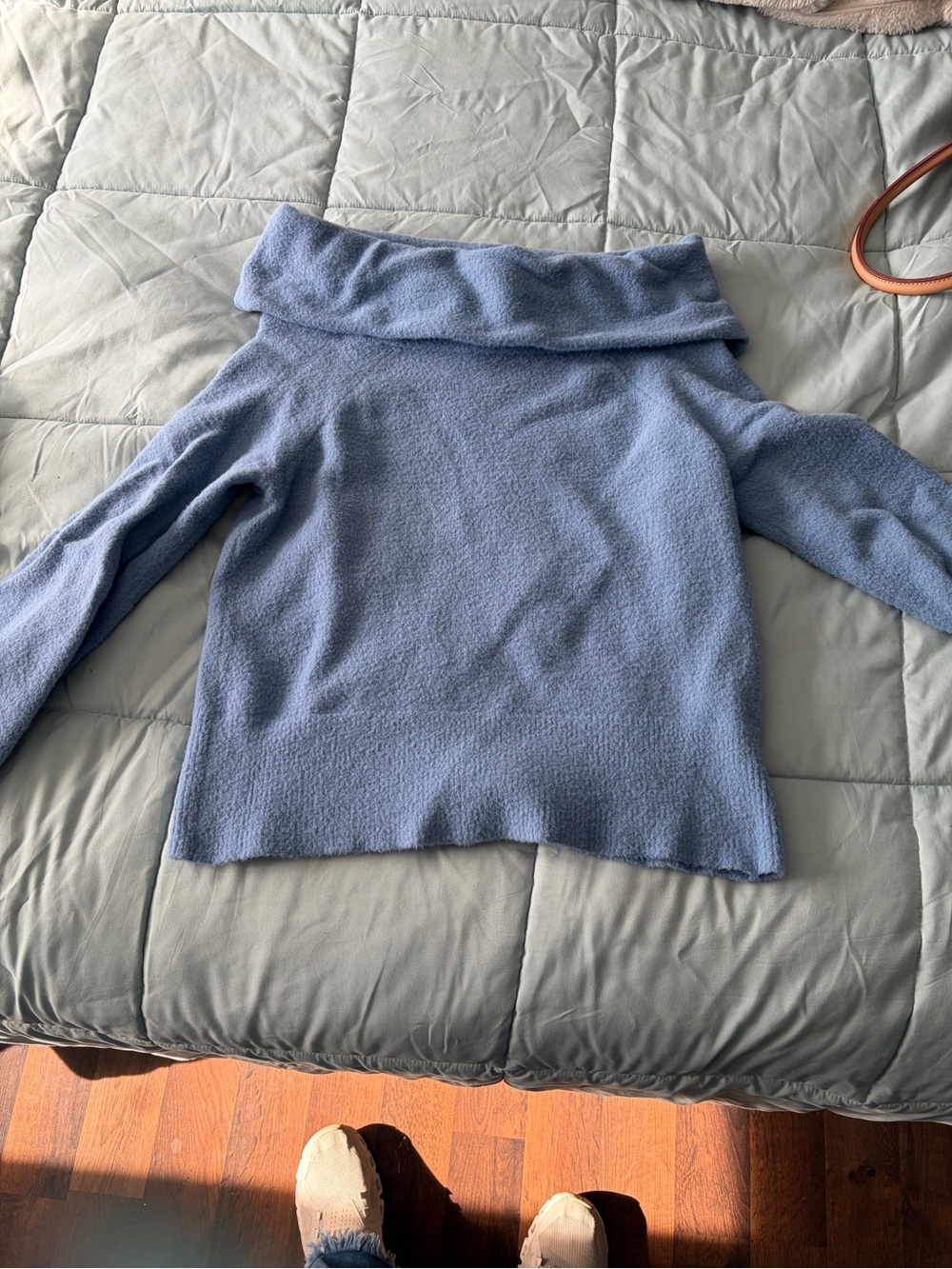 Anthropologie Off-the-Shoulder Fold-Over Sweater in Light Blue - Picture 6 of 7